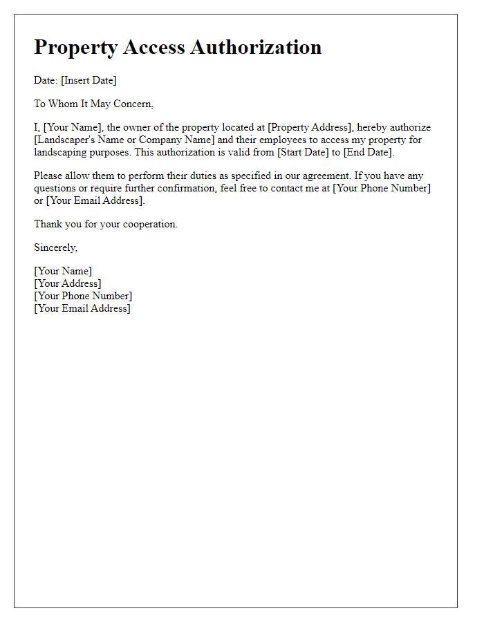 Letter template of property access authorization for landscapers.