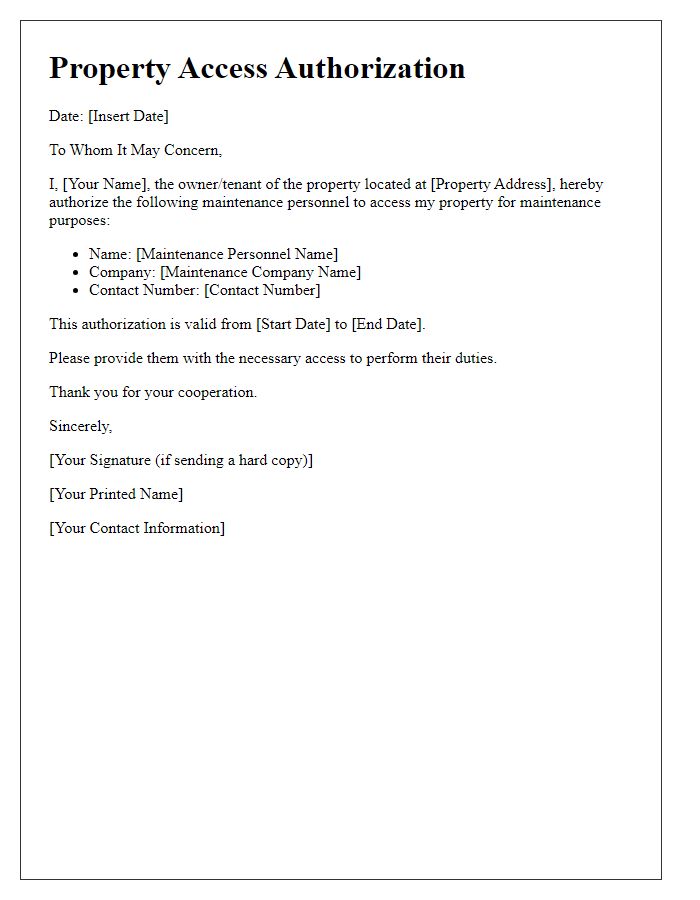 Letter template of property access authorization for maintenance personnel.