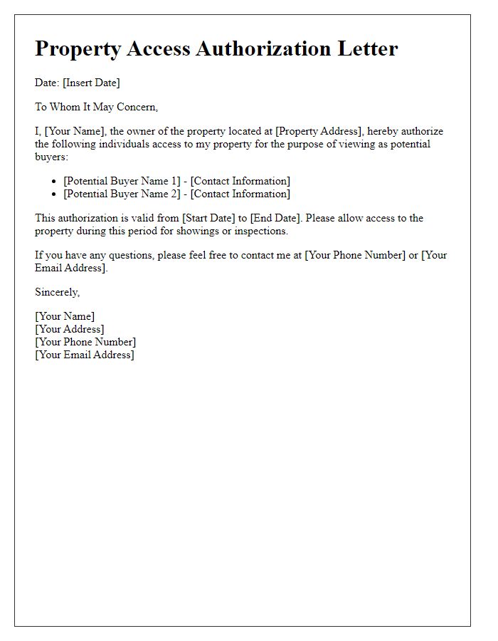 Letter template of property access authorization for potential buyers.