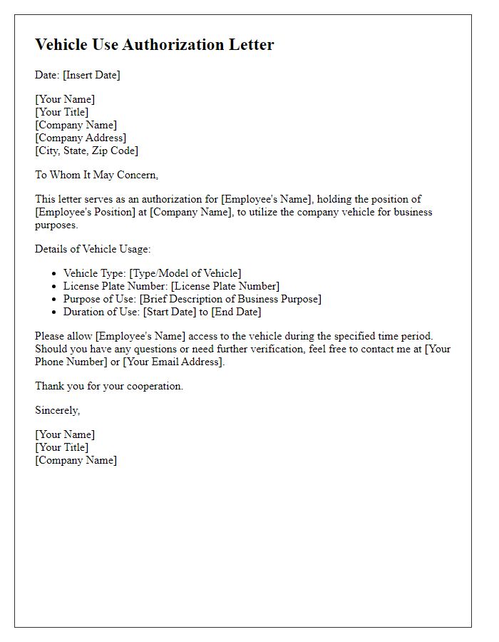 Letter template of vehicle use authorization for business purposes