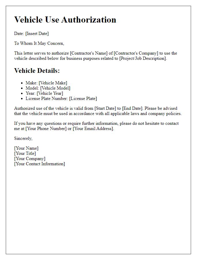 Letter template of vehicle use authorization for contractors