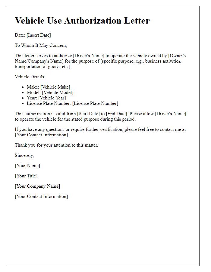 Letter template of vehicle use authorization for designated drivers
