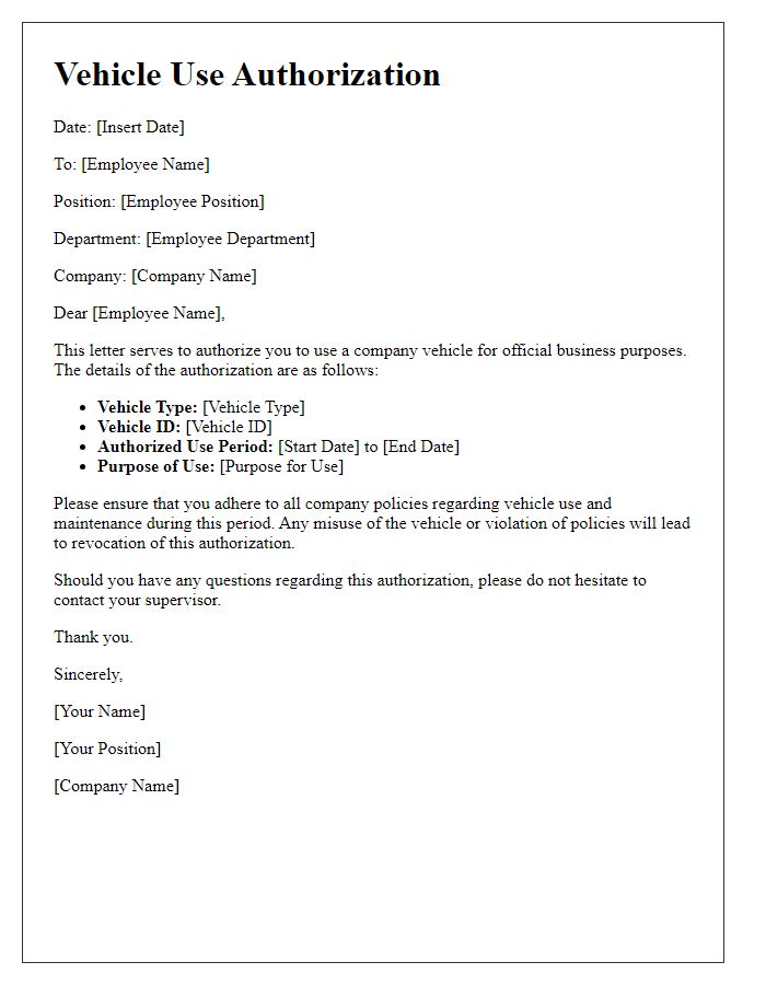 Letter template of vehicle use authorization for employees