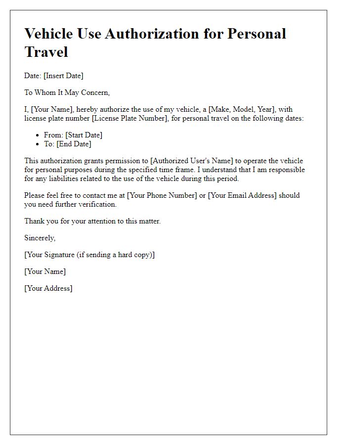 Letter template of vehicle use authorization for personal travel