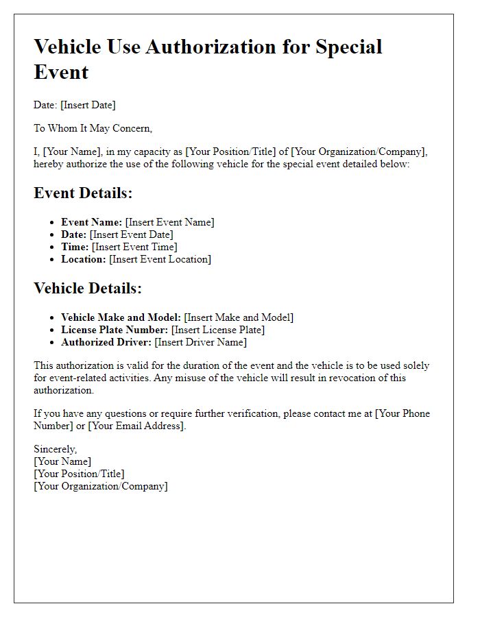 Letter template of vehicle use authorization for special events