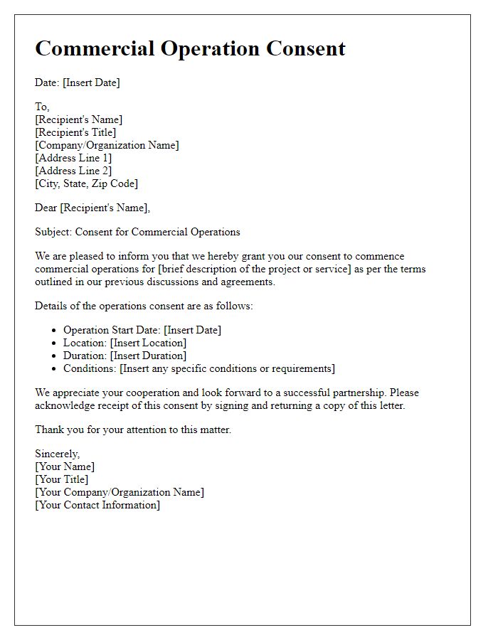 Letter template of commercial operation consent