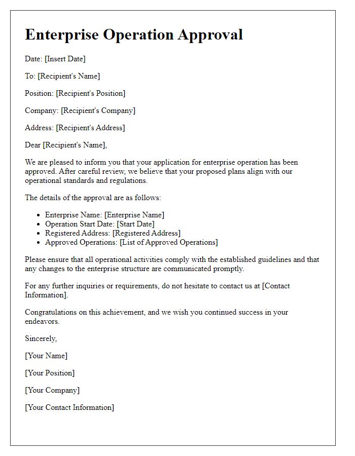 Letter template of enterprise operation approval