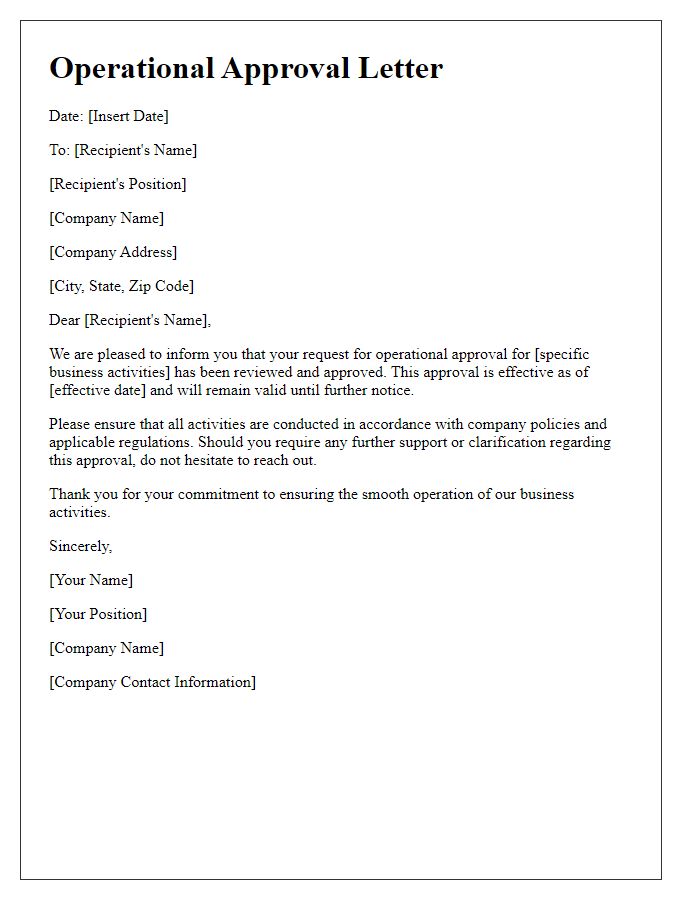Letter template of operational approval for business activities