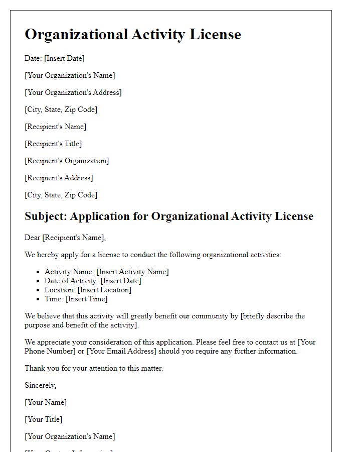 Letter template of organizational activity license