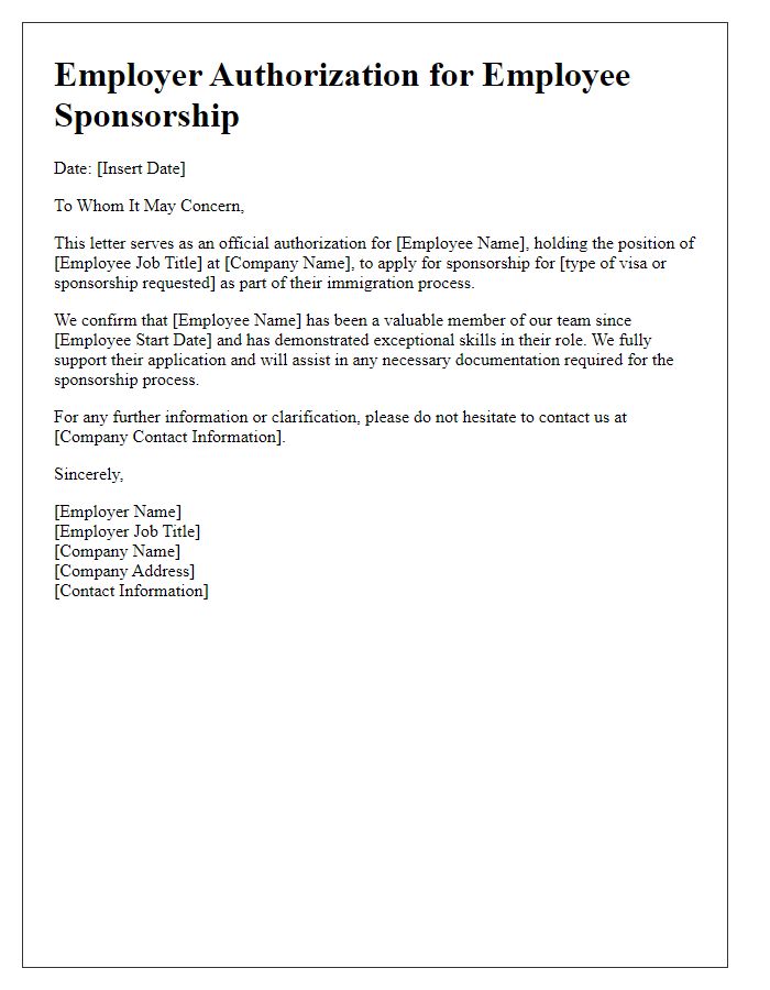 Letter template of Employer Authorization for Employee Sponsorship