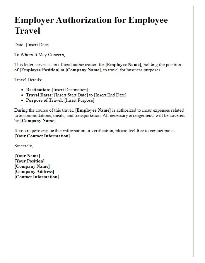 Letter template of Employer Authorization for Employee Travel