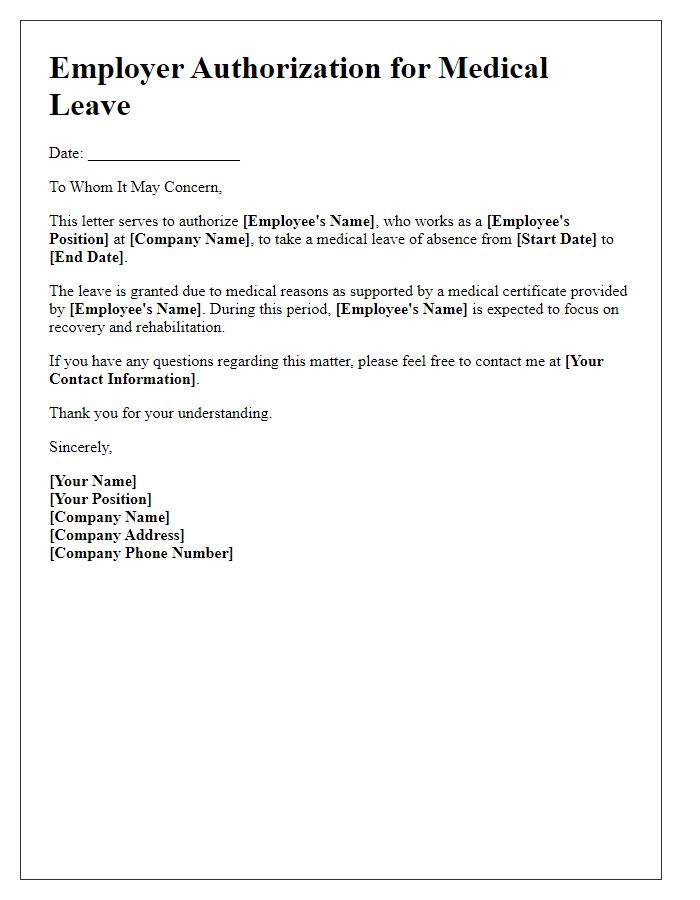 Letter template of Employer Authorization for Medical Leave