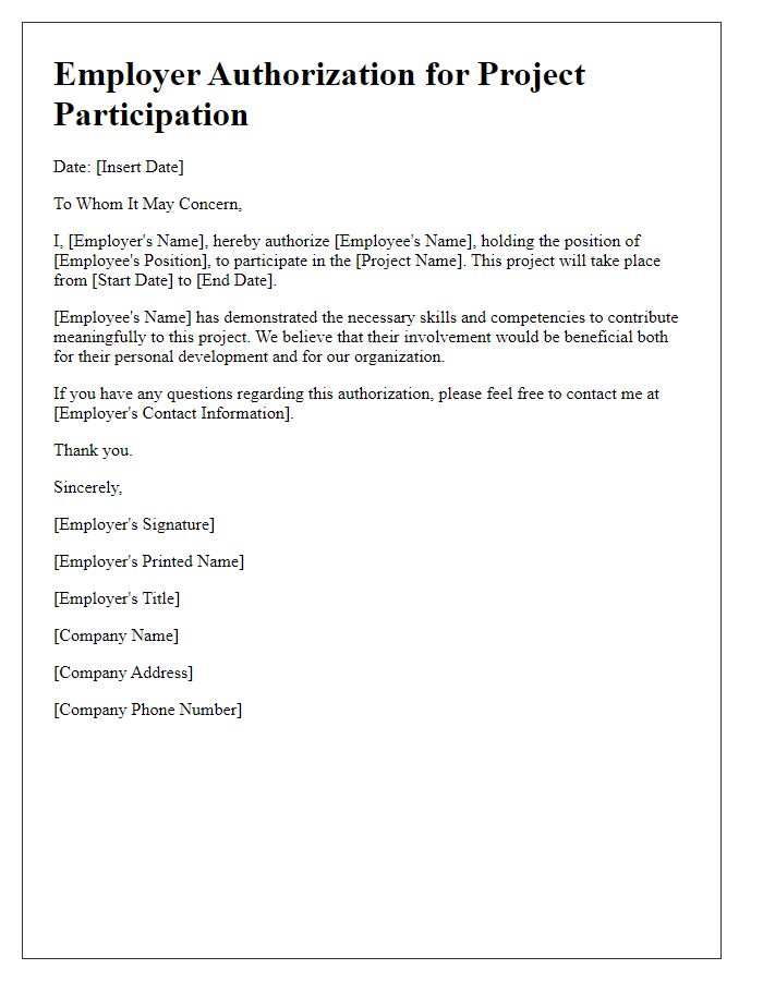 Letter template of Employer Authorization for Project Participation