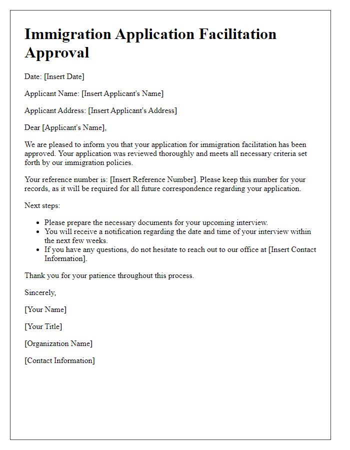 Letter template of immigration application facilitation approval