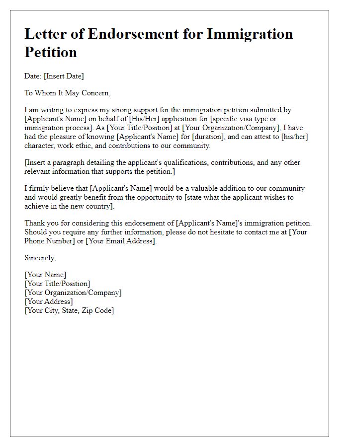 Letter template of immigration petition endorsement