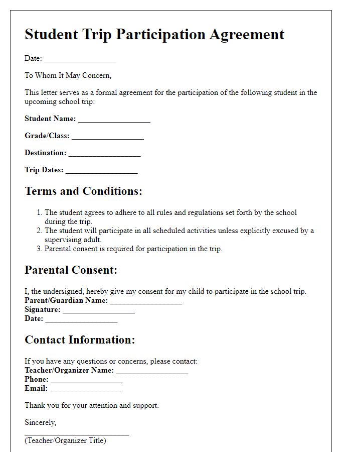 Letter template of agreement for student trip participation