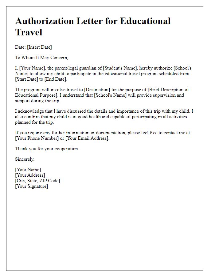 Letter template of authorization for educational travel