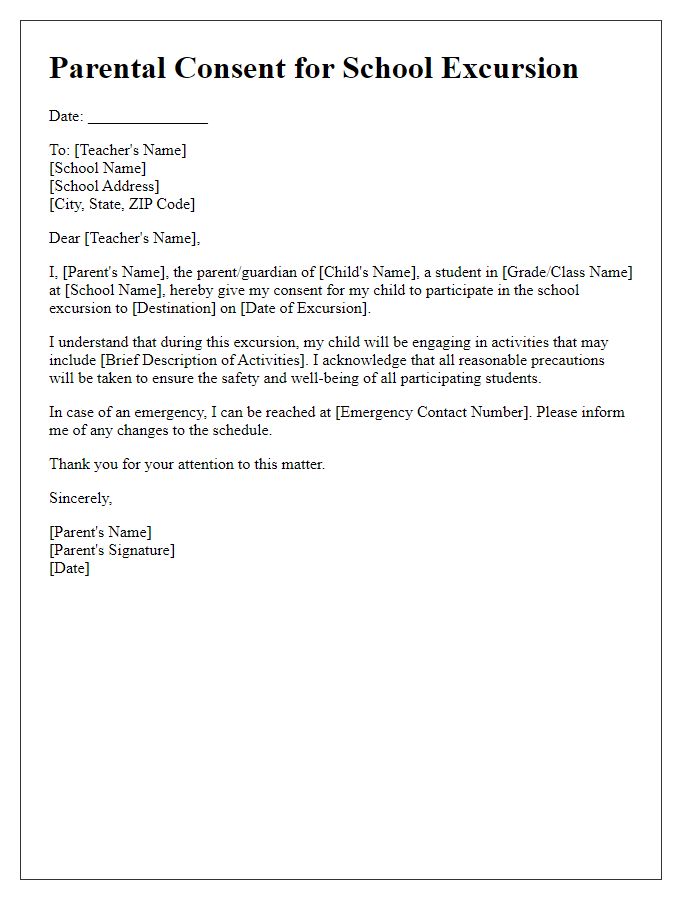 Letter template of parental consent for school excursion