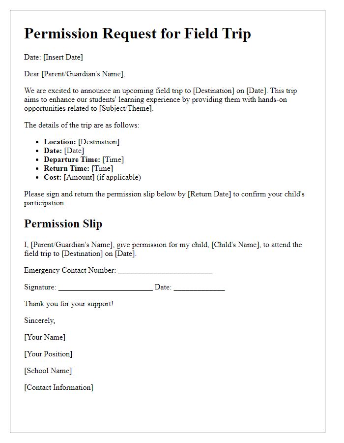 Letter template of permission request for student field trip