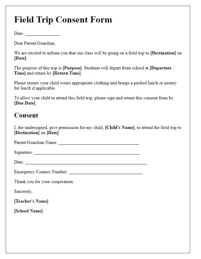 Letter template of school field trip consent form