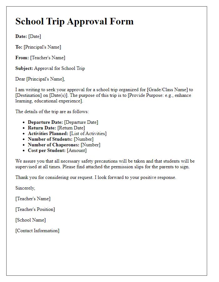 Letter template of school trip approval form