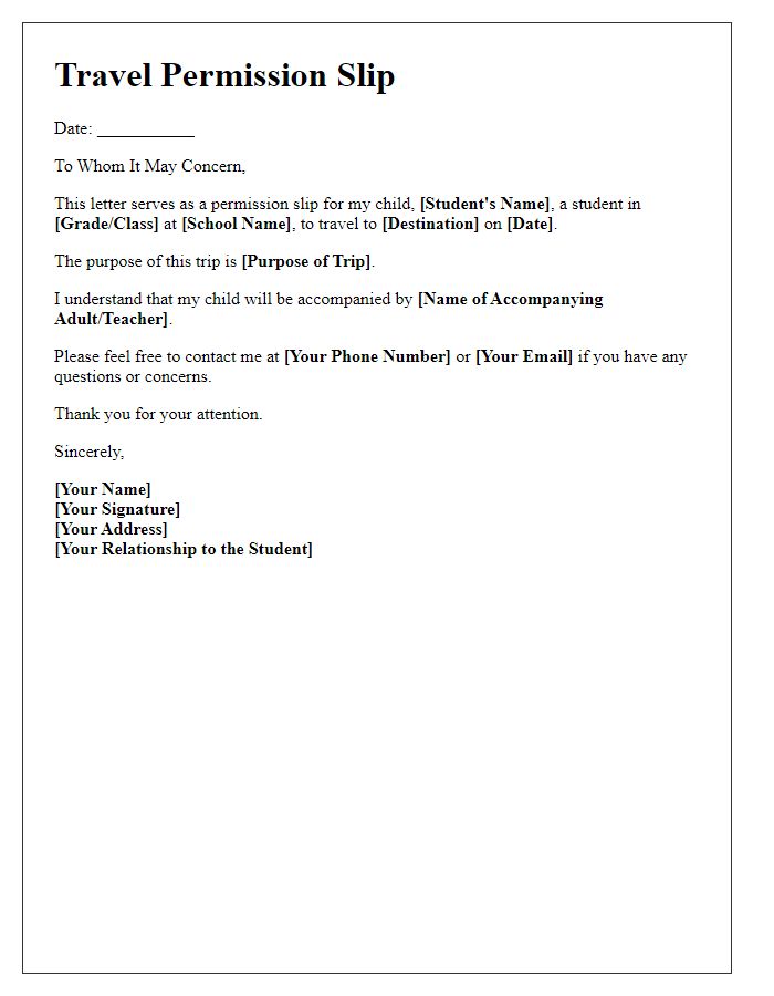 Letter template of travel permission slip for students