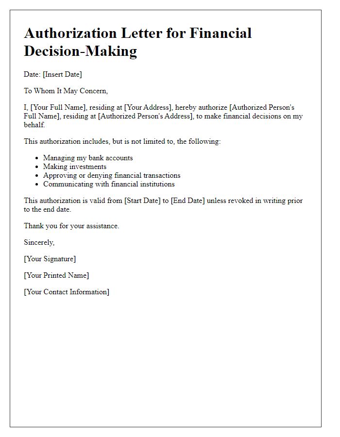 Letter template of authorization for financial decision-making