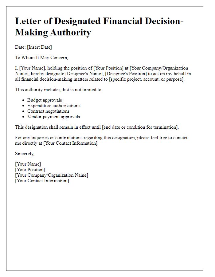 Letter template of designated financial decision-making authority