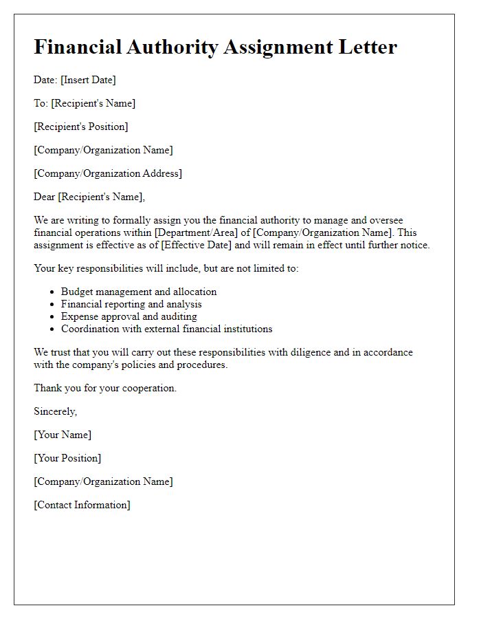 Letter template of financial authority assignment