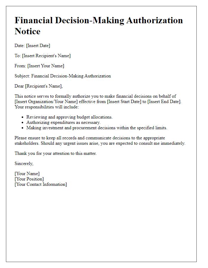 Letter template of financial decision-making authorization notice