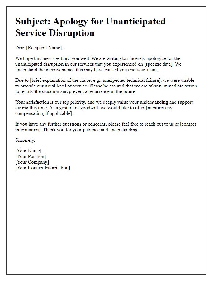 Letter template of contrition for unanticipated service disruption.