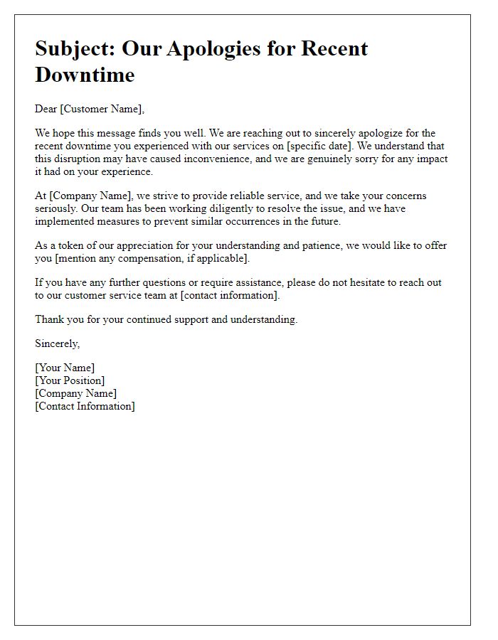 Letter template of customer service apology for downtime.