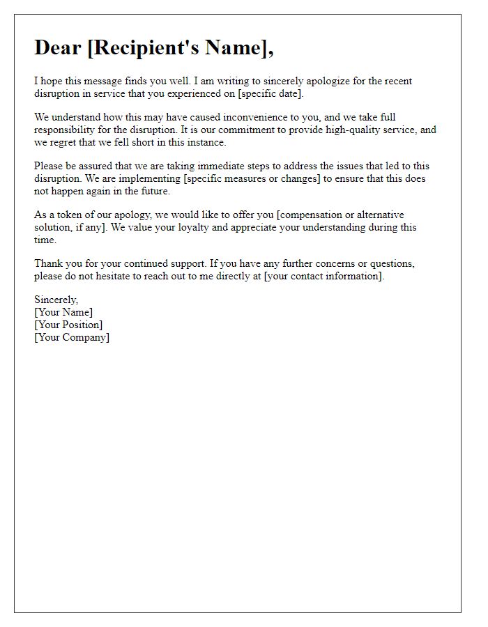 Letter template of formal apology related to service disruption.