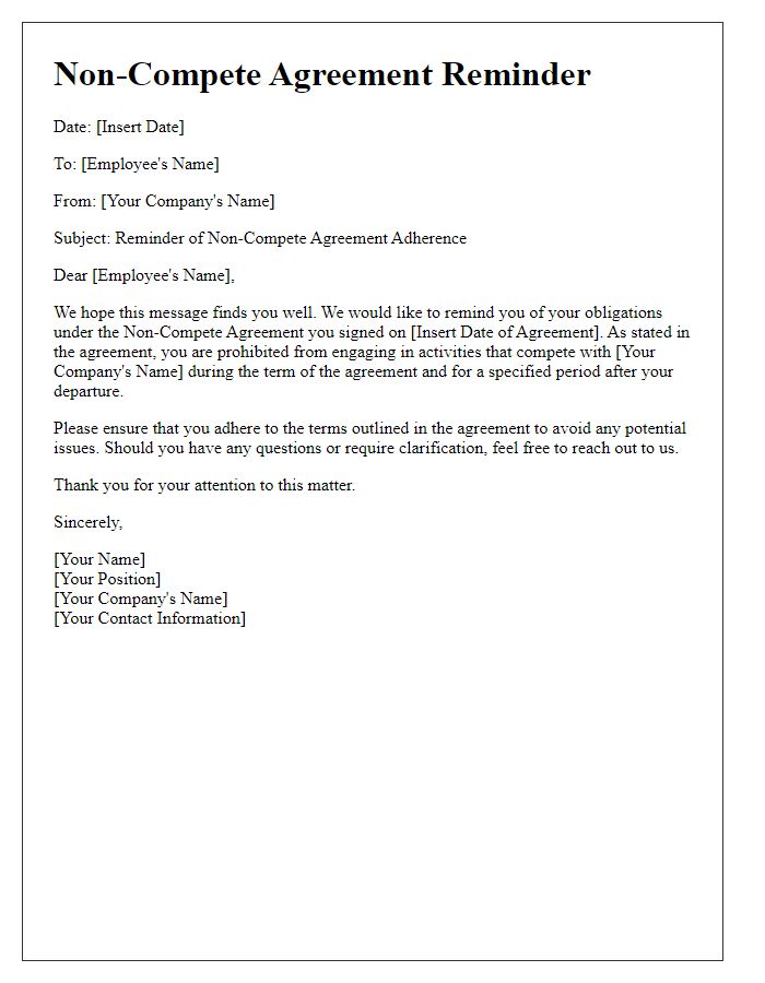 Letter template of non-compete agreement adherence reminder.