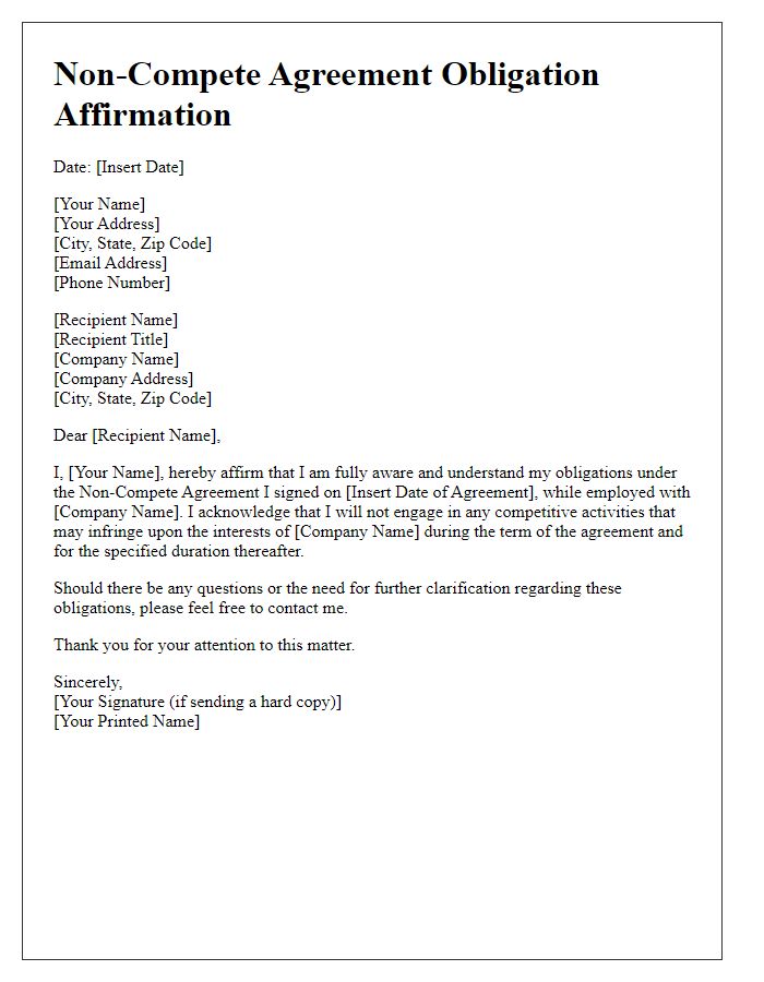 Letter template of non-compete agreement obligation affirmation.