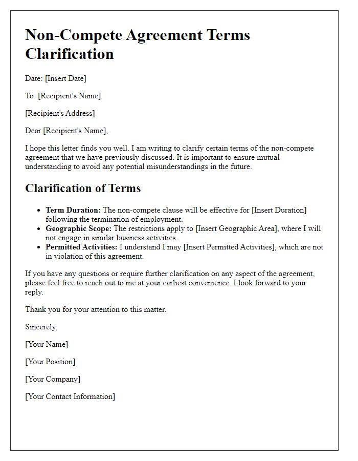 Letter template of non-compete agreement terms clarification.