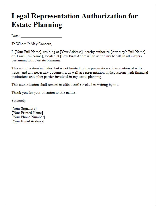 Letter template of legal representation authorization for estate planning