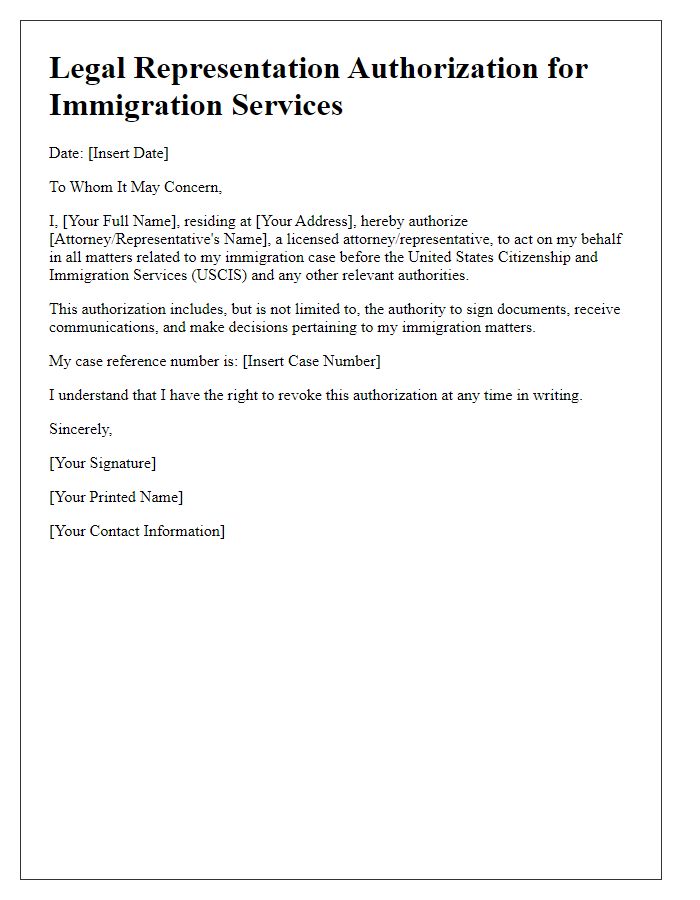 Letter template of legal representation authorization for immigration services