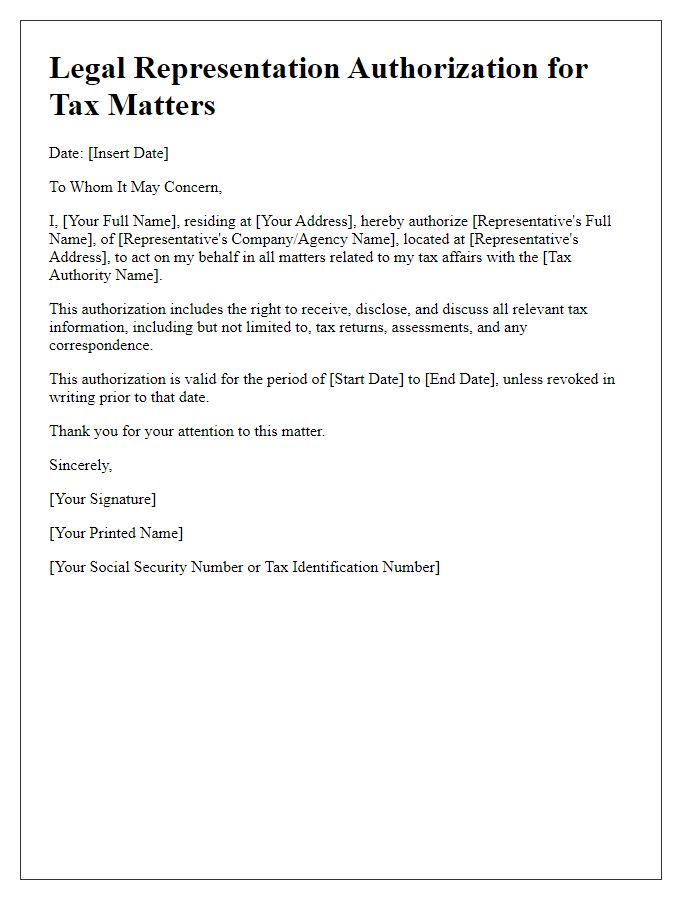 Letter template of legal representation authorization for tax matters