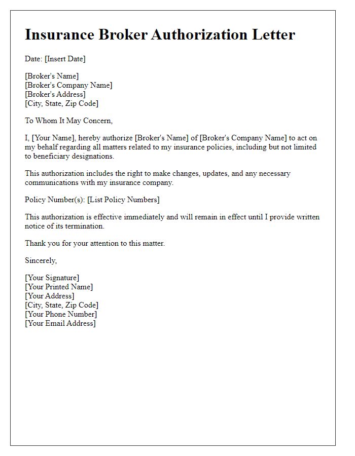 Letter template of insurance broker authorization for beneficiary designations.