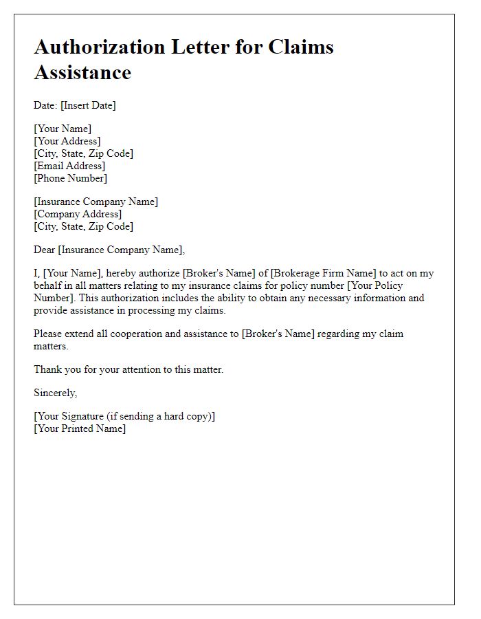 Letter template of insurance broker authorization for claims assistance.