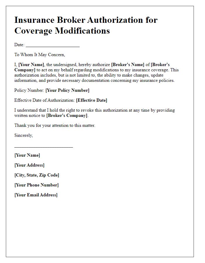 Letter template of insurance broker authorization for coverage modifications.