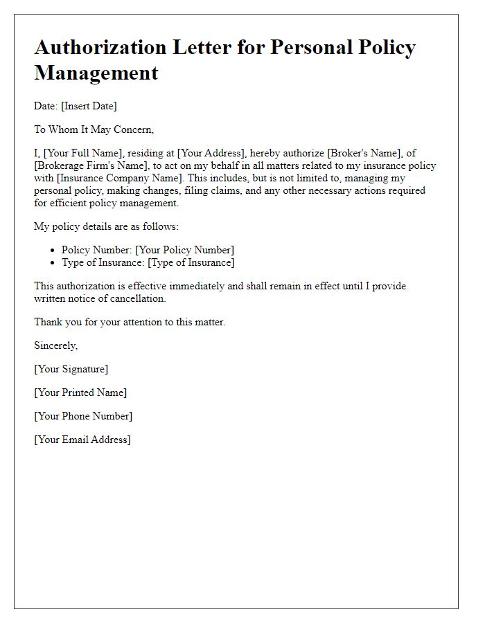 Letter template of insurance broker authorization for personal policy management.