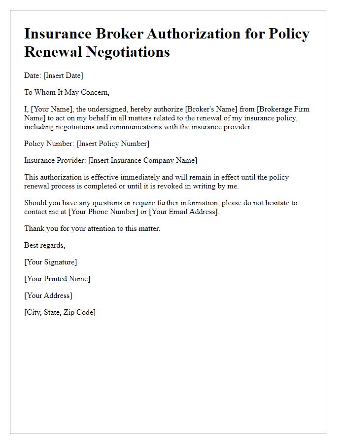 Letter template of insurance broker authorization for policy renewal negotiations.