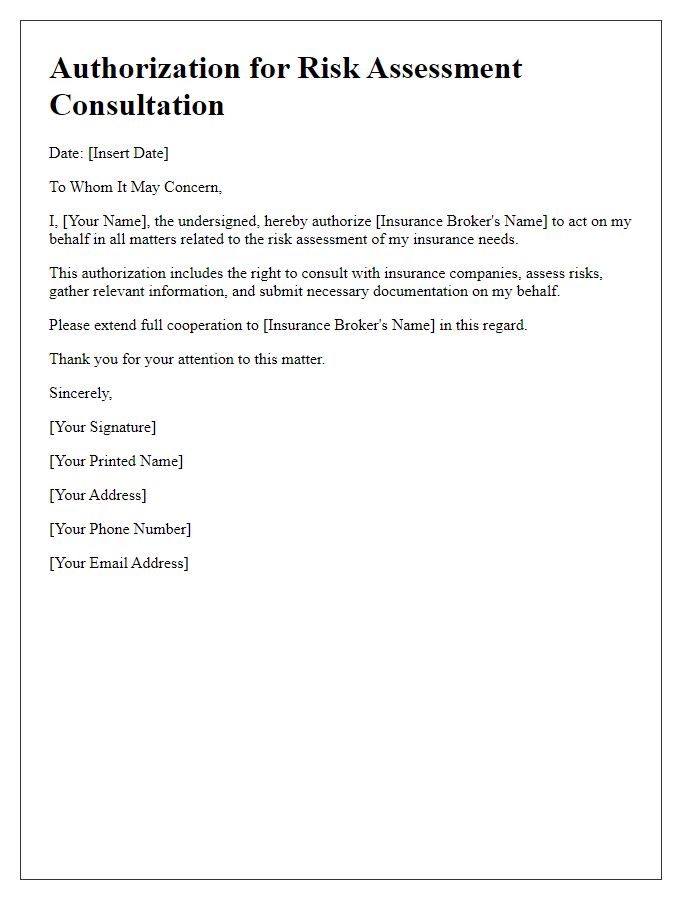 Letter template of insurance broker authorization for risk assessment consultations.