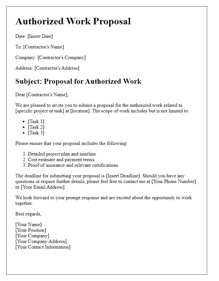 Letter template of authorized work proposal for contractors