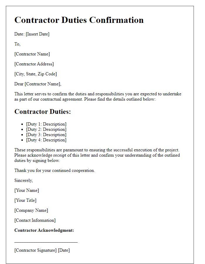 Letter template of contractor duties confirmation