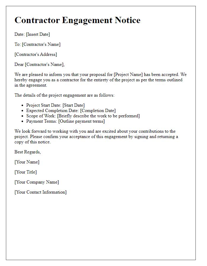 Letter template of contractor engagement notice