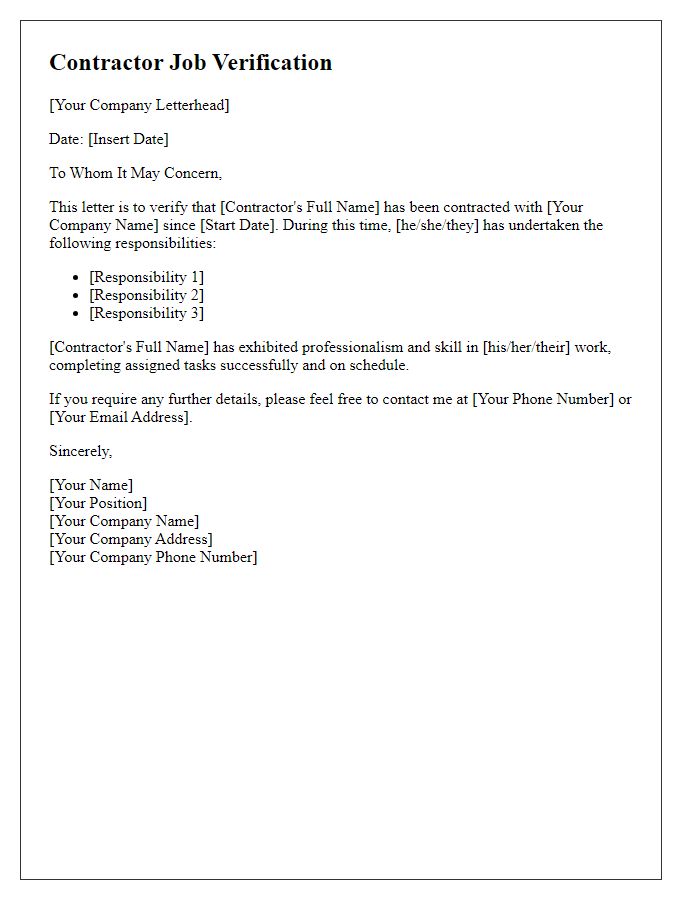 Letter template of contractor job verification