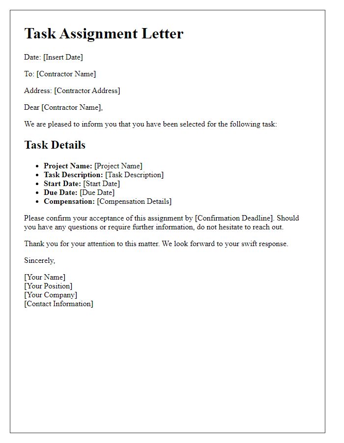 Letter template of contractor task assignment